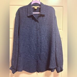 Vintage 100% Silk New York Studio Embossed Floral Navy Blue Blouse Size Medium